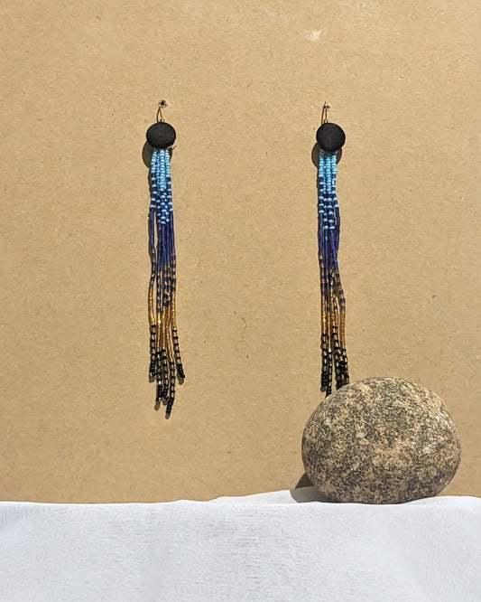 Blue Buttercup Beaded Fringe Earrings