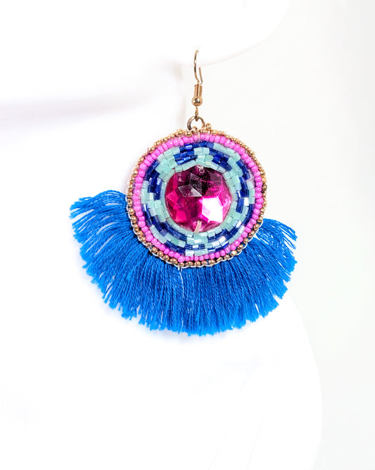 Azure Breeze Beaded Tassel Earrings